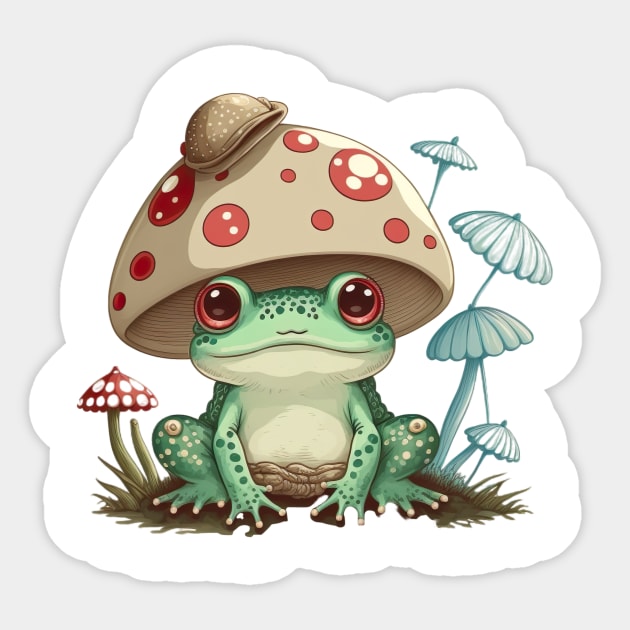 Kawaii Frog With Mushroom And Toadstools Sticker by WhispersOfColor